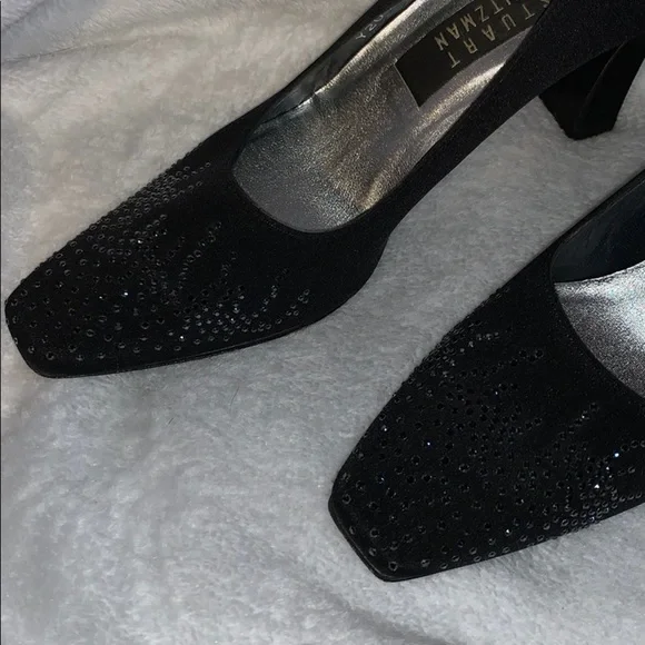 Stuart Weitzman Black Satin Heels w/Beadwork- NICE - Picture 4 of 12